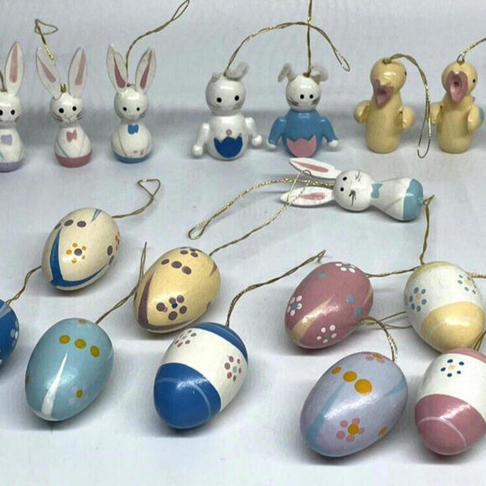 Vintage Easter Tree Ornaments 24 Pc Lot Hand Painted Wood Bunnies Chicks Eggs